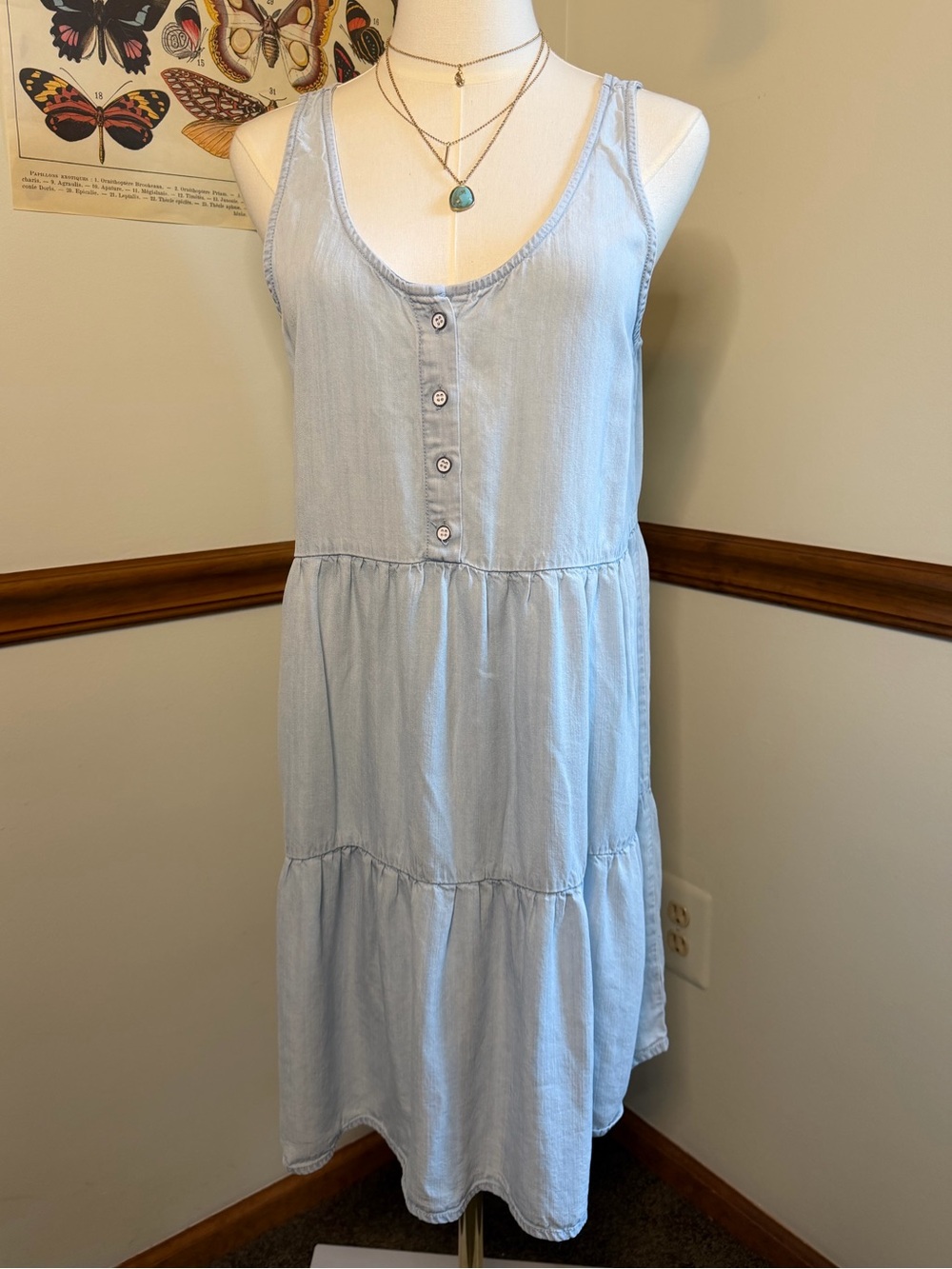 Light Blue Sleeveless Tiered Button-Front Dress Cottagecore size medium